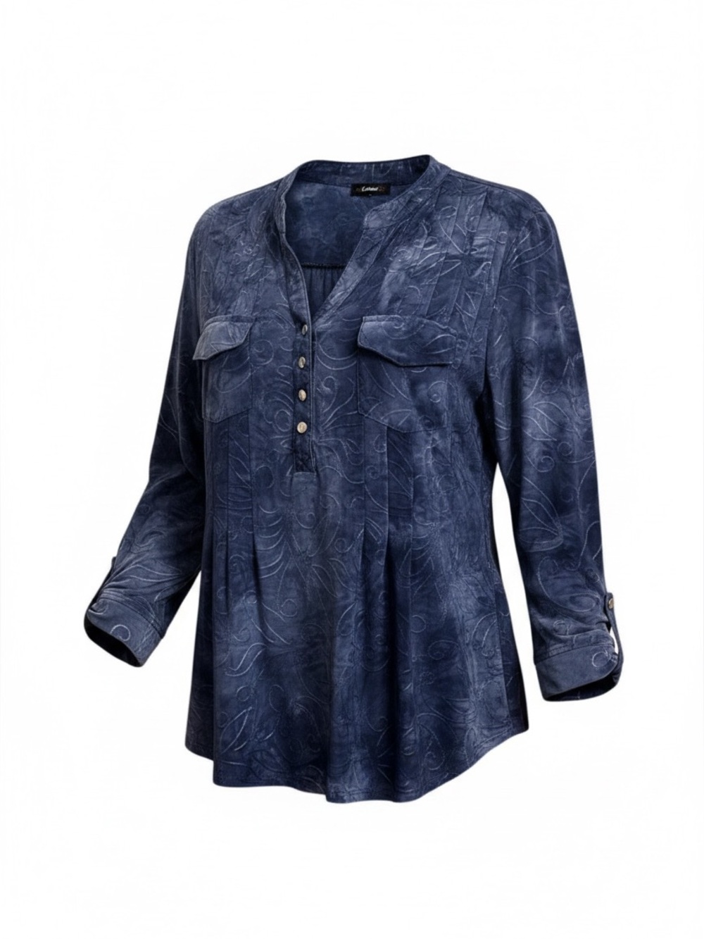 Cocomo Cloudy Navy Swirl Patterned V-Neck Button-Front Roll Tab Henley Top - Picture 2 of 8